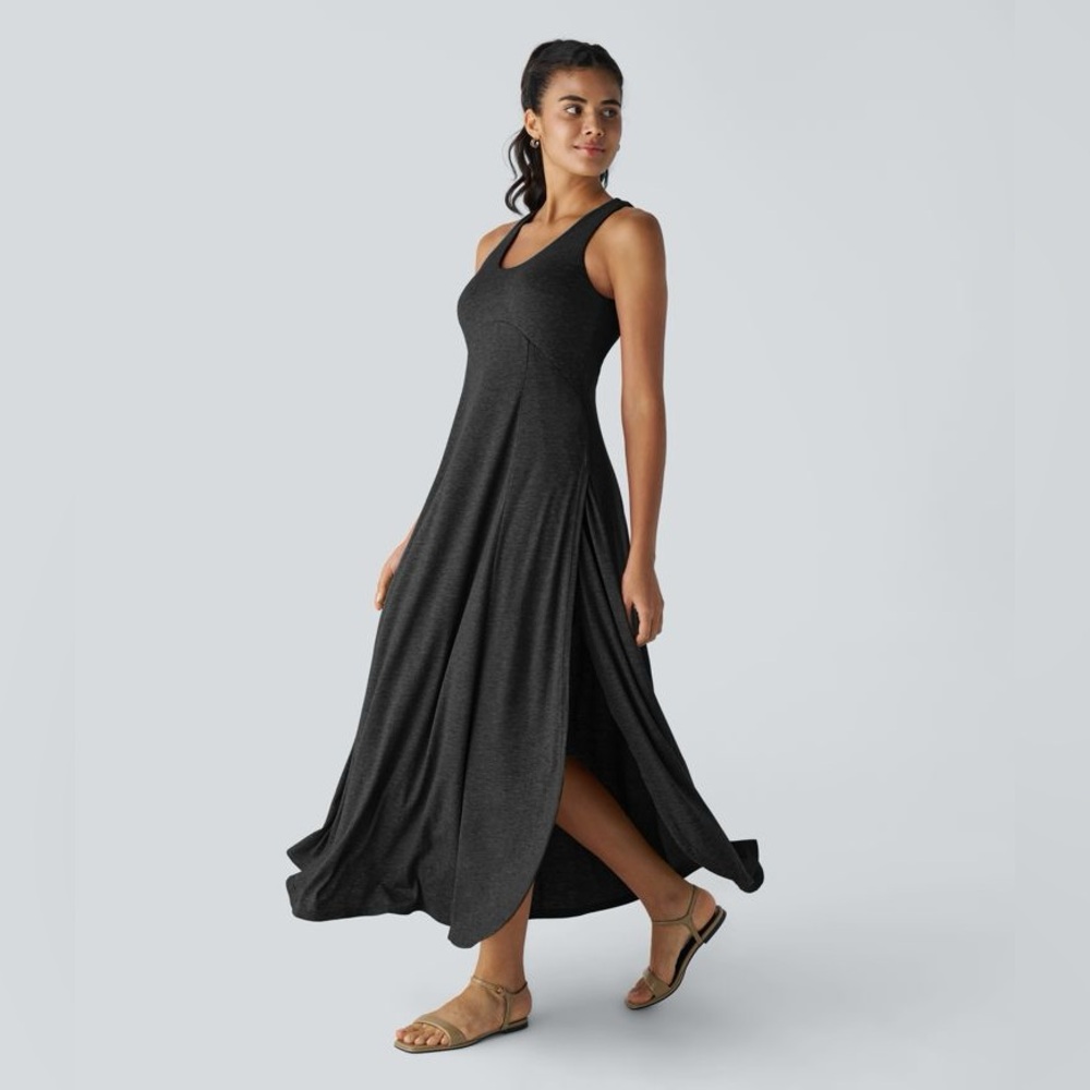 HALARA Black U Neck Backless Split Flowy Maxi Casual Tank Dress
